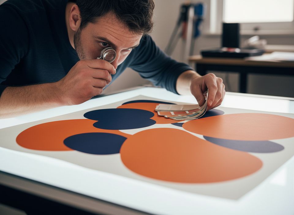 A designer checking a large printed poster proof on a light table with a loupe