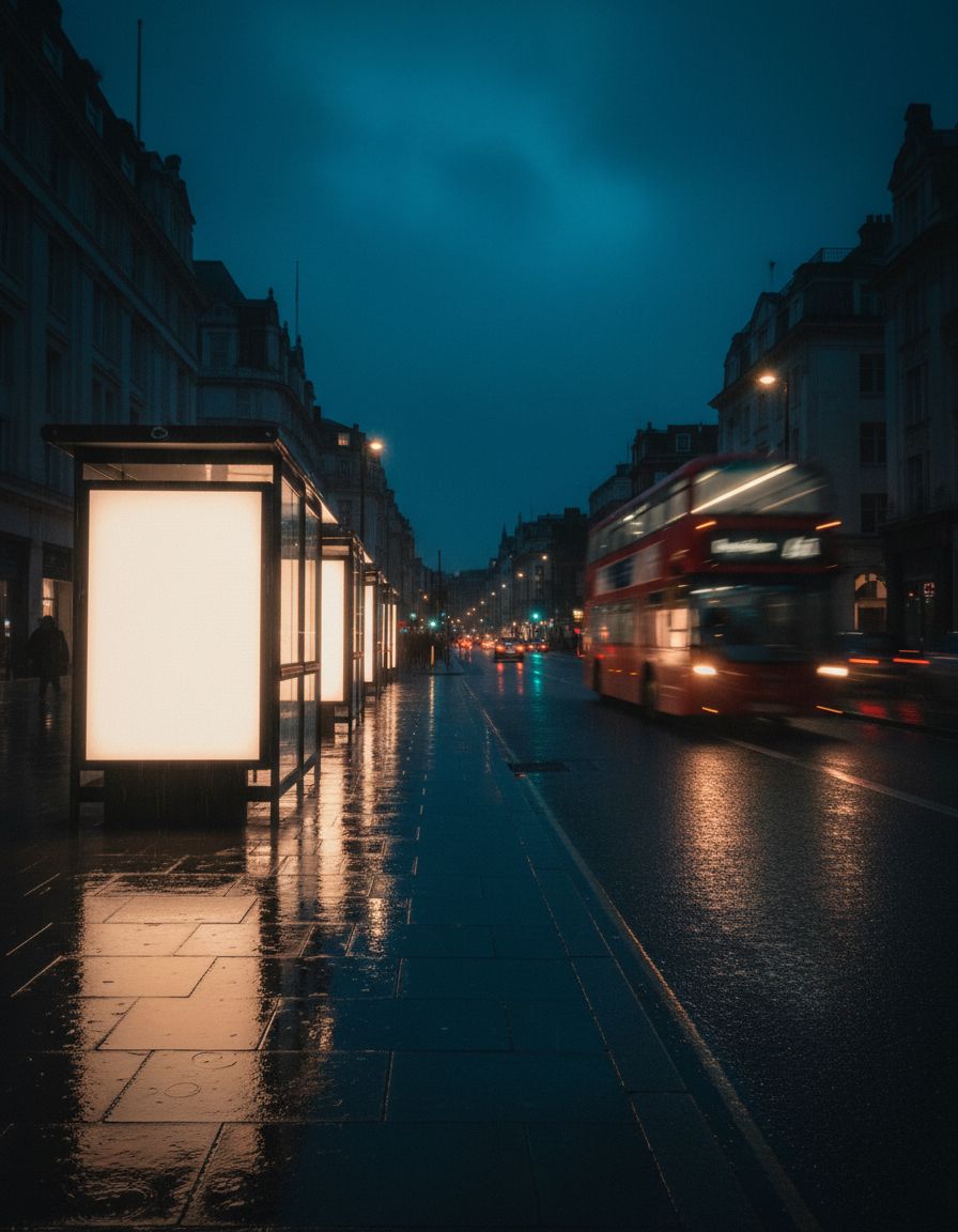 Lit bus-shelter panels on a wet city street at night with a red double-decker passing