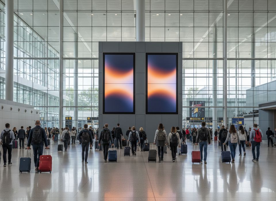 Travellers crossing a bright airport departures hall past two large portrait screens