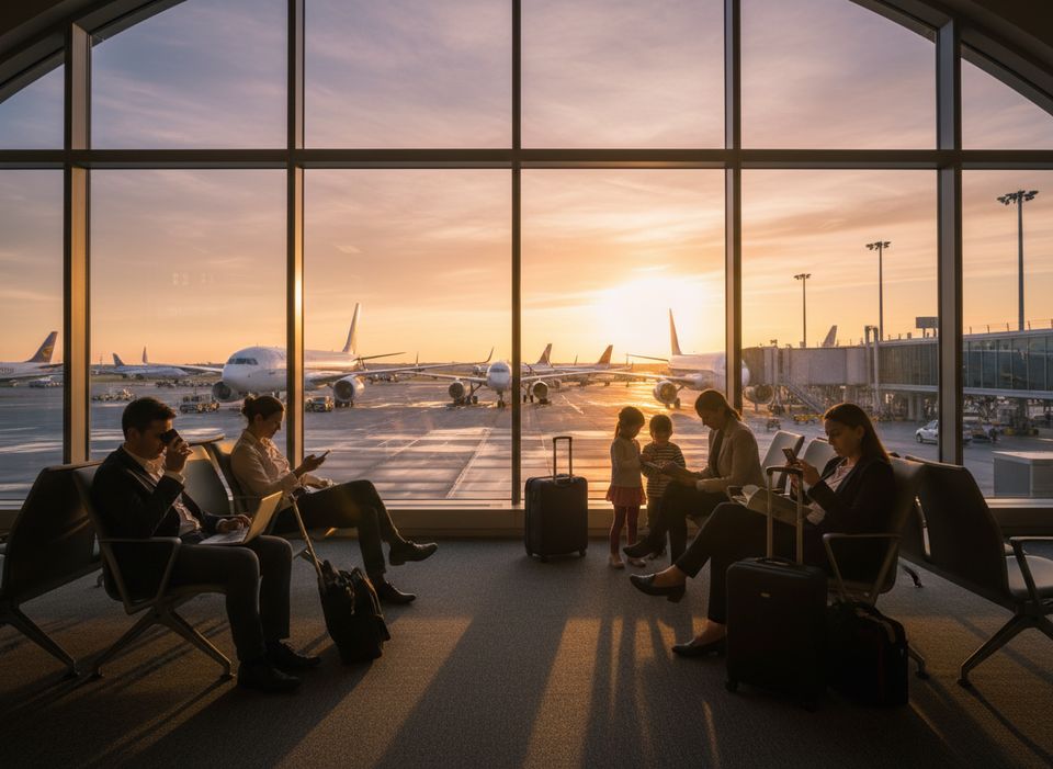 Business travellers and a family waiting in an airport gate lounge at sunset