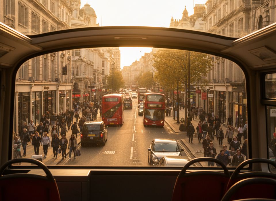 The view from the top deck of a London bus over a busy shopping street at golden hour