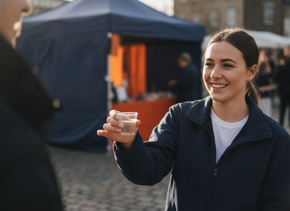 Promotional staff handing out samples at a navy and orange market stall