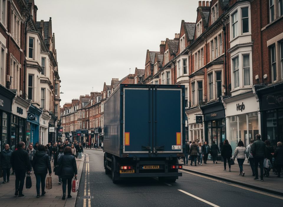 A navy box truck driving slowly through a busy town-centre high street